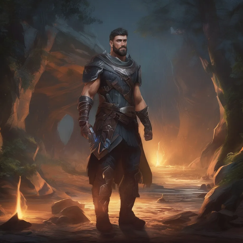 Prompt: (Full body) male handsome large muscular champion with short hair and beard, outside of a cave by a forest at night, pathfinder, d&d setting, in a realistic high quality digital art style