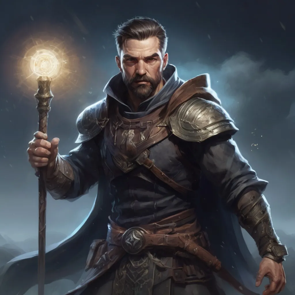 Prompt: (torso) Male stocky fit 39-year old spellcaster with short-cut hair and beard, holding a magic weapon, in movement, in a windy field at night pathfinder, d&d setting, enhanced shadow quality, colorful