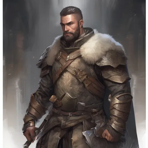 Prompt: (Full body) male stocky big-chested warrior with short hair and beard, in a dark room, pathfinder, d&d setting, in a realistic digital art style