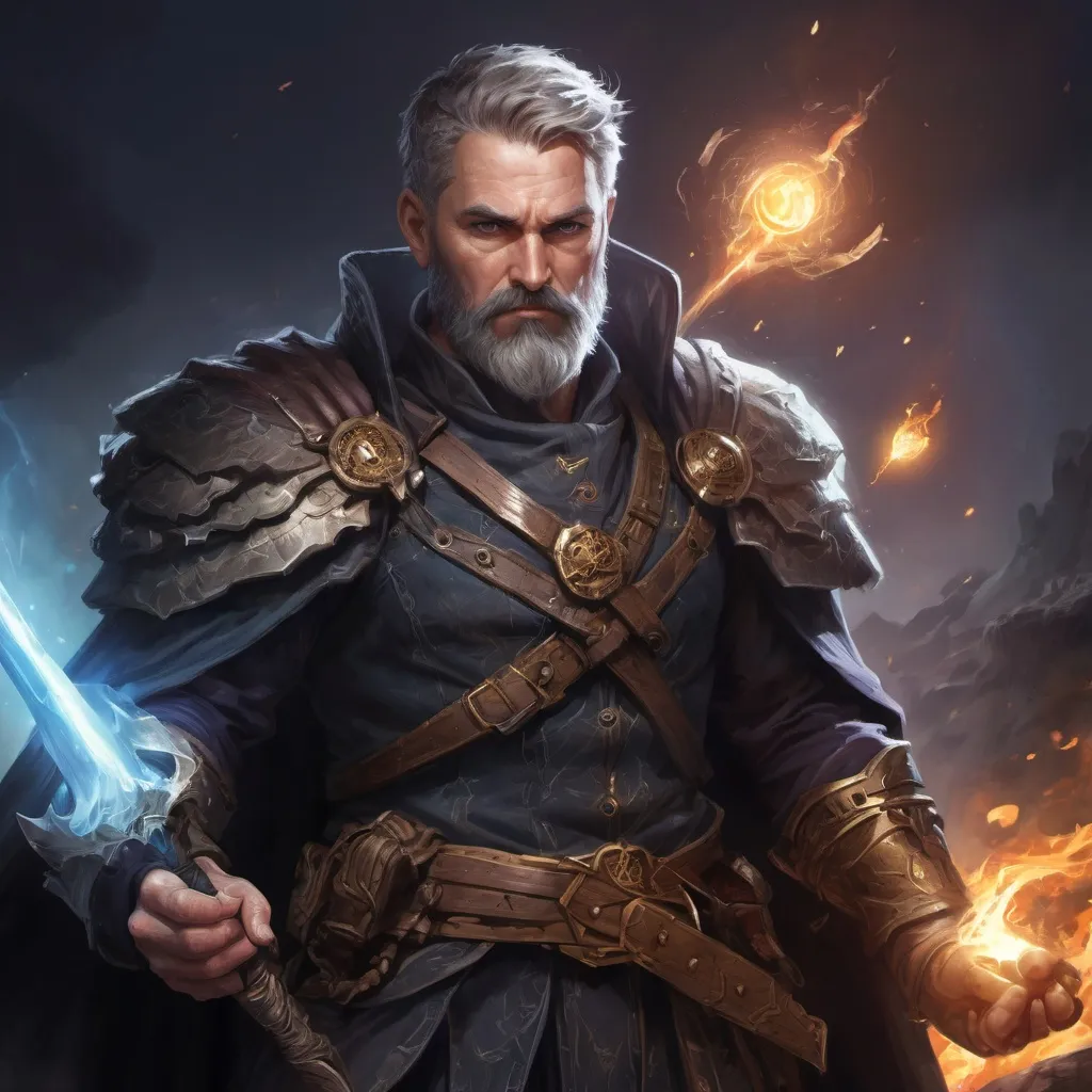 Prompt: (torso) Male stocky mature light-sorcerer with short-cut hair and beard, on a battlefield at night, in combat, holding a magic weapon, bright aura, pathfinder, d&d setting, in a realistic high quality digital art style, enhanced shadow quality
