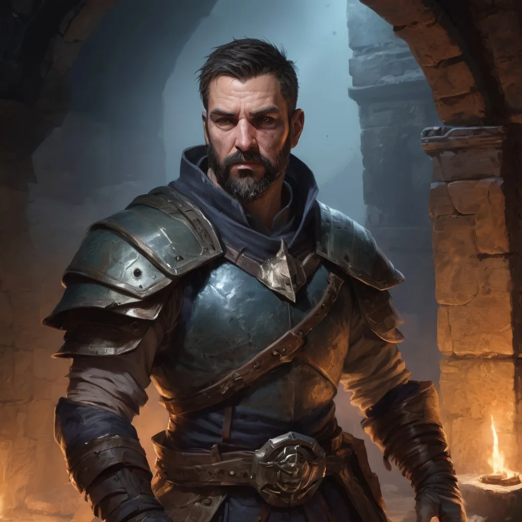 Prompt: Male stocky large mature dragoon with short-cut hair and beard, in a ruined temple dungeon at night, pathfinder, d&d setting, realistic , enhanced shadow quality, colorful