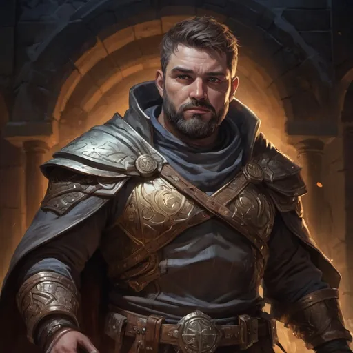 Prompt: Male stocky heavy-set holy-magic arbiter with short-cut hair and beard, big belly, inside a temple dungeon at night, pathfinder, d&d setting, in a realistic high quality digital art style, enhanced shadow quality