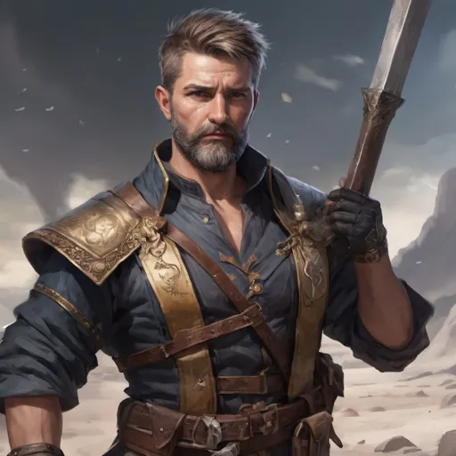 Prompt: (torso) Male heavy-set mature fit magical bard with short-cut hair and beard, holding fantasy-weapon , in a windy battlefield, pathfinder, d&d setting, enhanced shadow quality