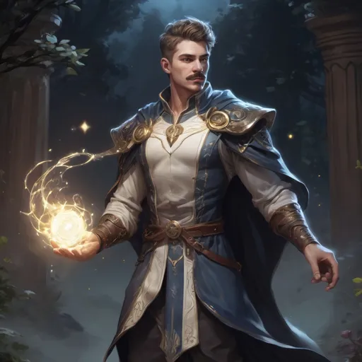 Prompt: (Full body) male stocky young muscular cleric with short-cut hair and a mustache, casting a swirly astral-spell, in nature at night pathfinder, d&d setting, in a realistic digital art style