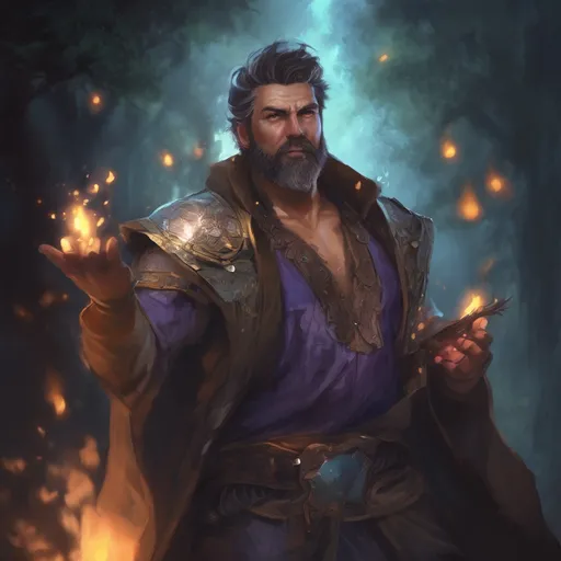 Prompt: (Full body) male stocky big-chested hairy-chested sorcerer with short hair and beard, no shirt on, casting an arcane spell, in nature at night, pathfinder, d&d setting, in a realistic digital art style