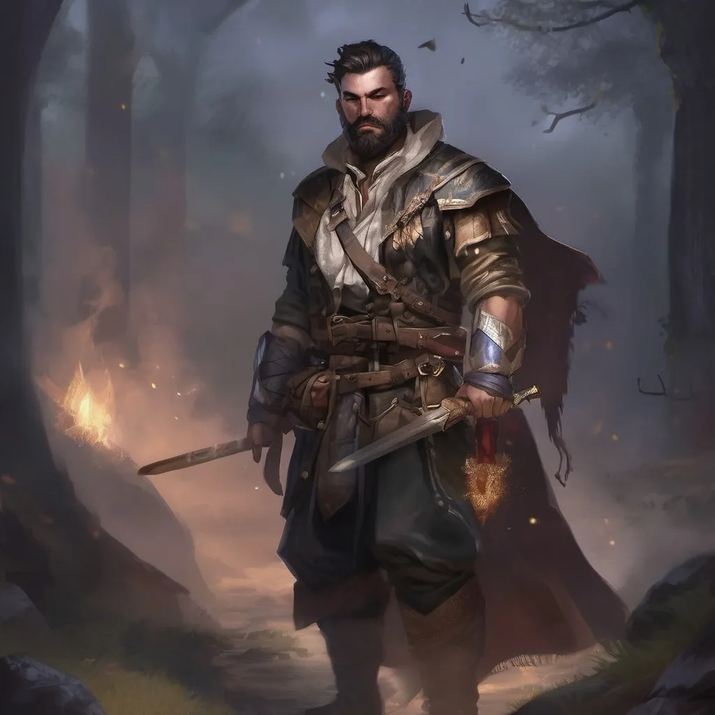 Prompt: (Full body) male stocky big-chested bandit with short hair and beard, in a dark room, pathfinder, d&d setting, in a realistic digital art style