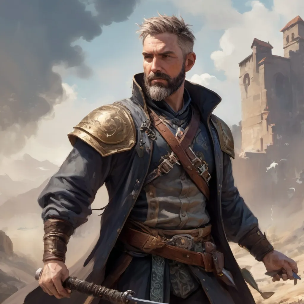 Prompt: (torso) Male heavy-set mature fit magical bard with short-cut hair and beard, holding fantasy-weapon , in a windy battlefield, pathfinder, d&d setting, enhanced shadow quality