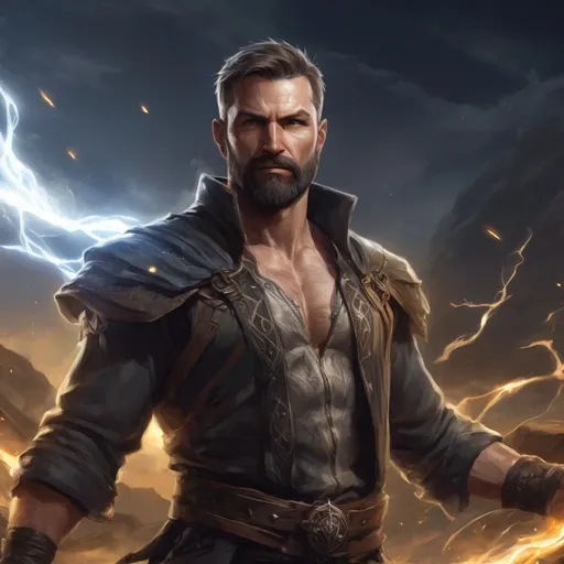 Prompt: Male stocky fit 36-year old muscular handsome magus with short-cut hair and beard and hairy chest, holding magic-spell, in a windy nature at night, pathfinder, d&d setting, enhanced shadow quality