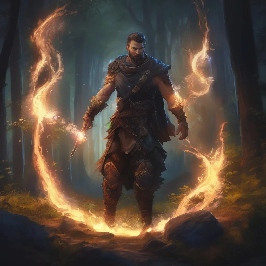 Prompt: (Full body) male stocky ranger with short-cut hair and beard, no shirt on, hairy chest, casting a swirly nature-spell, in nature at night pathfinder, d&d setting, in a realistic digital art style