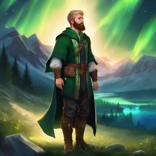 Prompt: (Full body) male magical stocky norwegian young mage with short hair and beard, in nature with northern lights, pathfinder, d&d setting, in a realistic digital art style