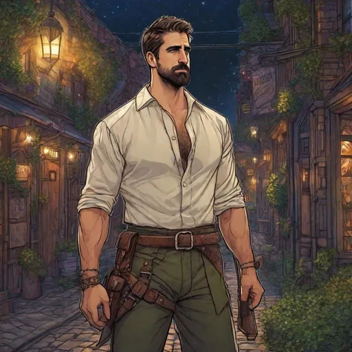 Prompt: (Full body) A male short-haired aaron rodgers with open shirt hairy chest and short beard fantasy weapon, shirt with leaf details, manly, dungeons and dragons fantasy setting, night time in a town street, in a painted style