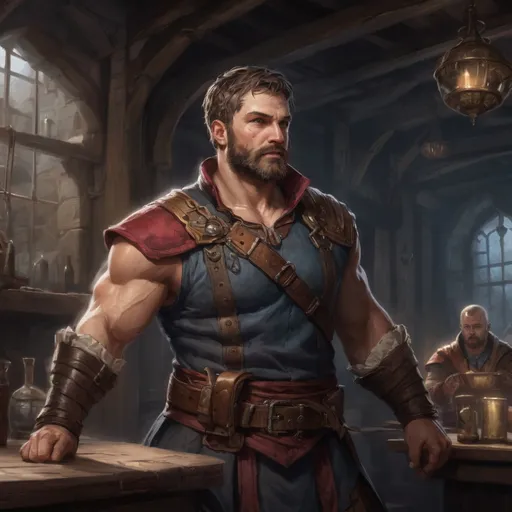 Prompt: Male stocky large muscular royal bard with short-cut hair and beard, exploring a dark tavern room, pathfinder, d&d setting, realistic, enhanced shadow quality