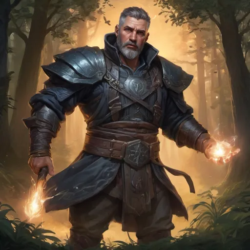 Prompt: (head and torso) Male heavy-set mature fantasy-sorcerer with short-cut hair and beard, holding magic-spell, in a grass field covered in trees at night, in combat, pathfinder, d&d setting, in a realistic high quality digital art style, enhanced shadow quality