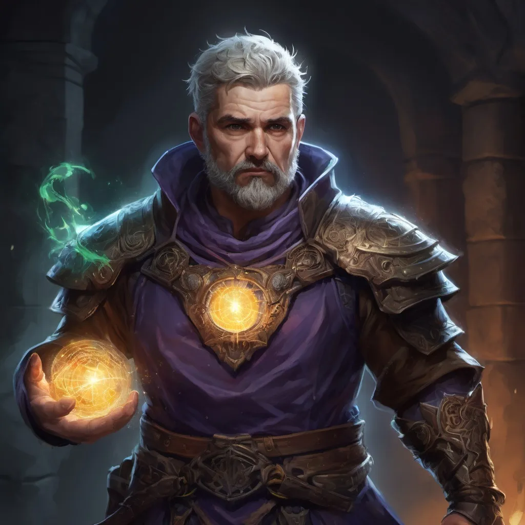 Prompt: (torso) Male stocky large mature arcane-mage with short-cut hair and beard, surrounded by an a light spell inside of a dark dungeon, pathfinder, d&d setting, in a realistic high quality digital art style, enhanced shadow quality, colorful