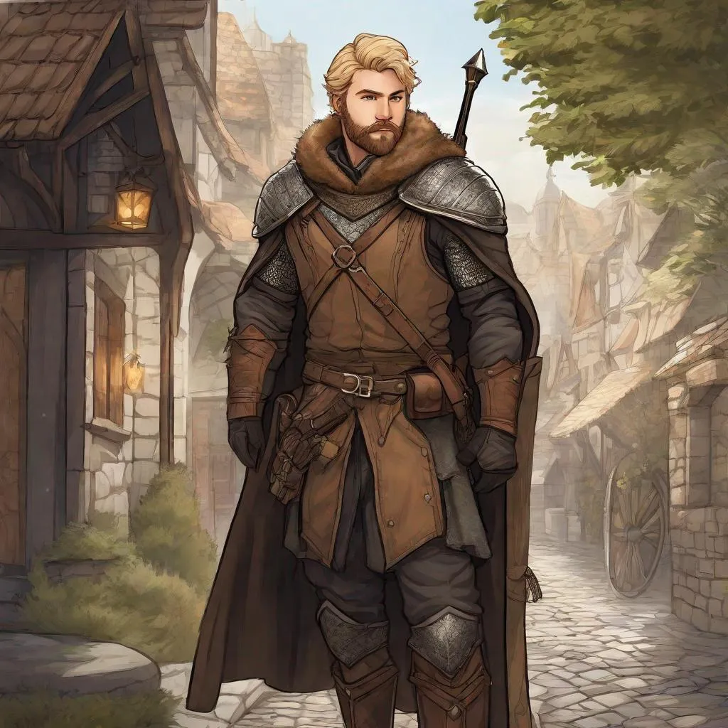 Prompt: (Full-body) A handsome hairy male ranger with short blonde hair and short beard, crossbow in one hand, dark chain mail armor with details, brown cloak, boots, dark street in a town, in a shaded painted style