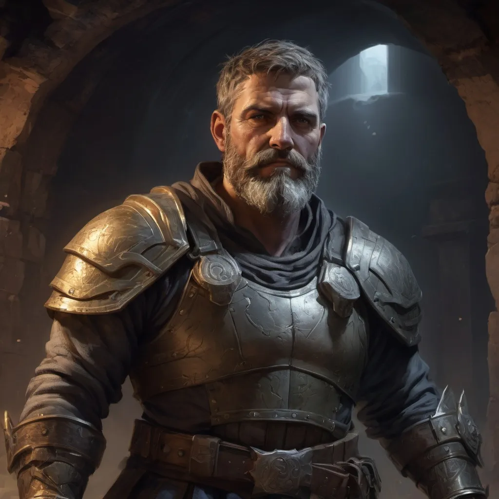 Prompt: Male stocky large mature warrior with short-cut hair and beard, exploring a dark astral cellar, pathfinder, d&d setting, realistic, enhanced shadow quality