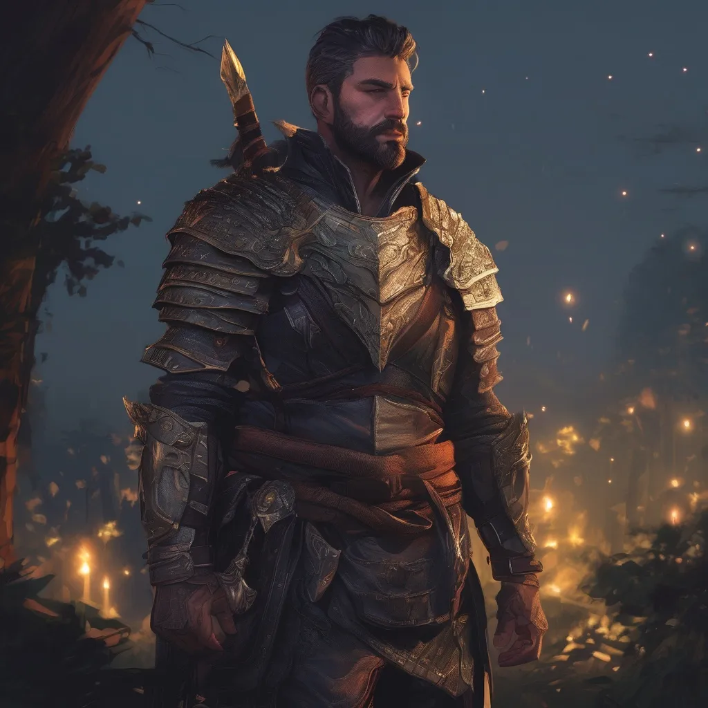 Prompt: (Full body) male stocky big-chested noble dragoon with striped short hair and beard, in nature at night, pathfinder, d&d setting, in a realistic digital art style