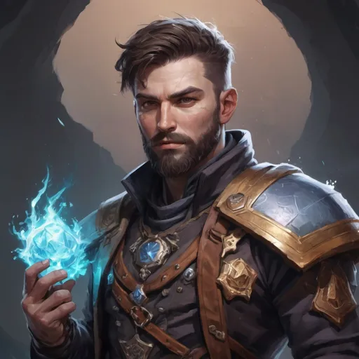 Prompt: Male stocky heavy-set arcane-alchemist with short-cut hair and beard, on a battlefield, in combat, holding a frostbomb, pathfinder, d&d setting, in a realistic high quality digital art style, enhanced shadow quality, colorful