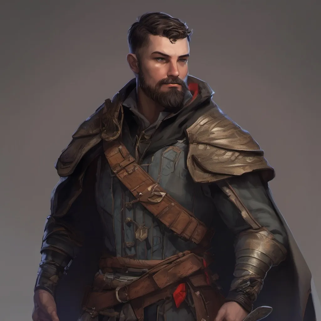 Prompt: (Full body) male stocky young noble bandit with short-cut hair and beard, in a dark room, pathfinder, d&d setting, in a realistic digital art style