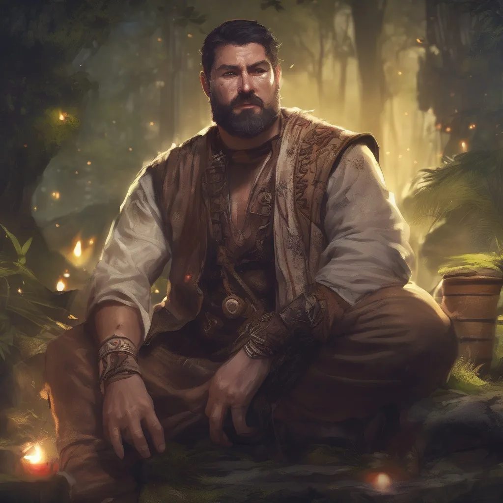 Prompt: (Full body) male manly stocky nature-shaman with dark short-cut hair and beard, open shirt, hairy chest, in nature at night, pathfinder, d&d setting, in a realistic digital art style