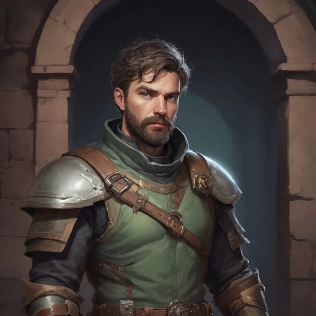 Prompt: Male stocky hairy sneaky spy in sage light-armour with short hair and beard, exploring a dark mansion, pathfinder, d&d setting, in a realistic high quality digital art style, enhanced shadow quality, colorful