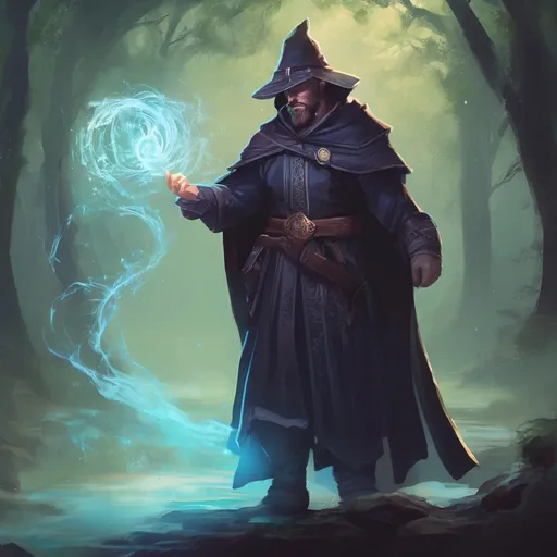 Prompt: (Full body) male stocky magical sorcerer with short-cut hair and beard, casting a magical spell, in nature in the dark, cloak, pathfinder, d&d setting, in a realistic digital art style