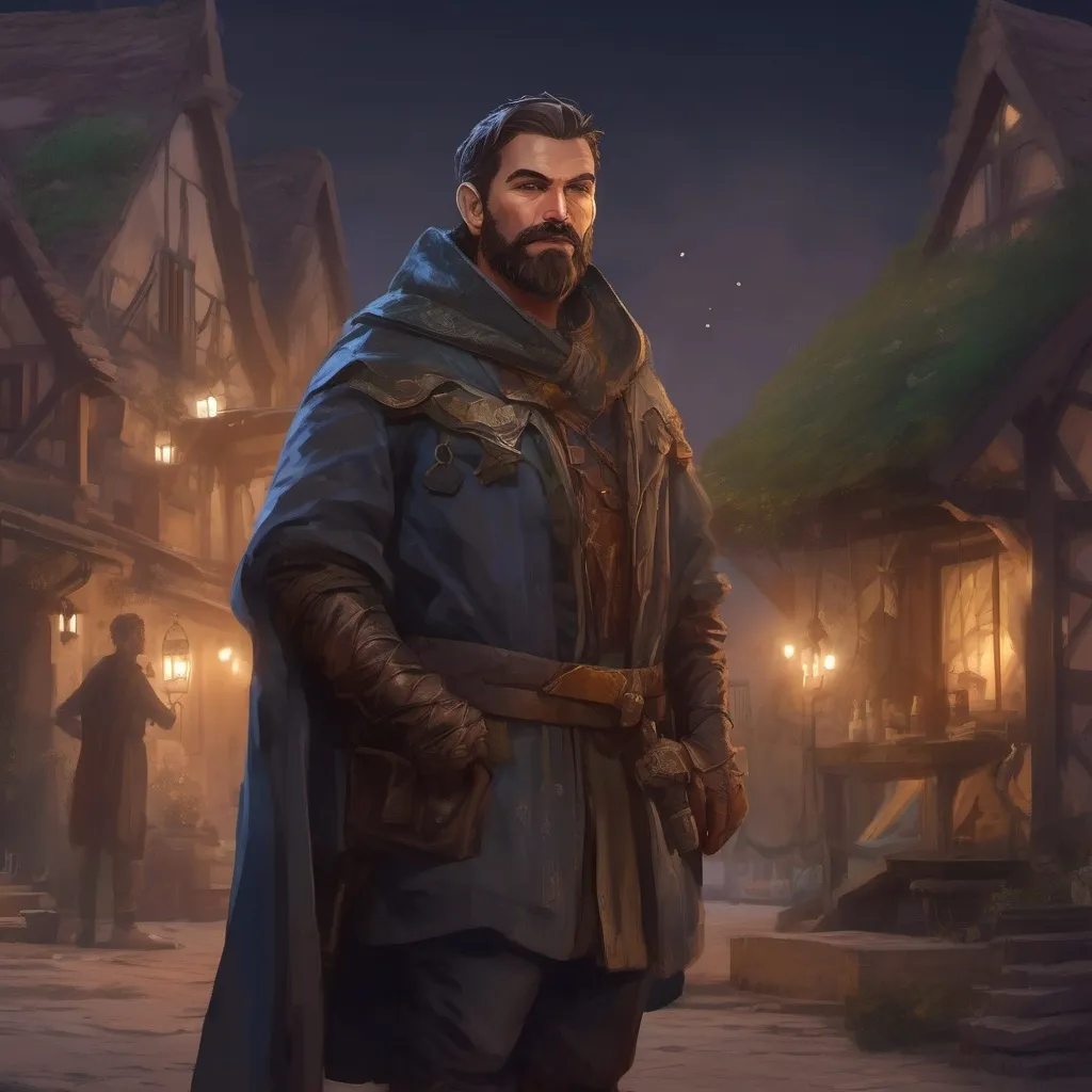 Prompt: (Full body) male manly stocky noble magical sorcerer with dark short-cut hair and beard, outside of a small village at night, pathfinder, d&d setting, in a realistic digital art style