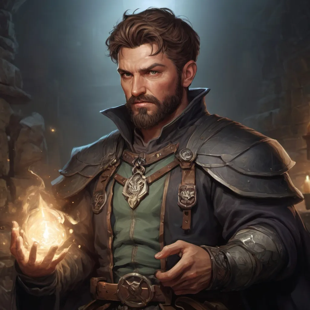 Prompt: (head and torso) Male stocky large mature alchemist with short-cut brown hair and beard, engaged in combat casting a light spell inside of a dark dungeon, pathfinder, d&d setting, in a realistic high quality digital art style, enhanced shadow quality