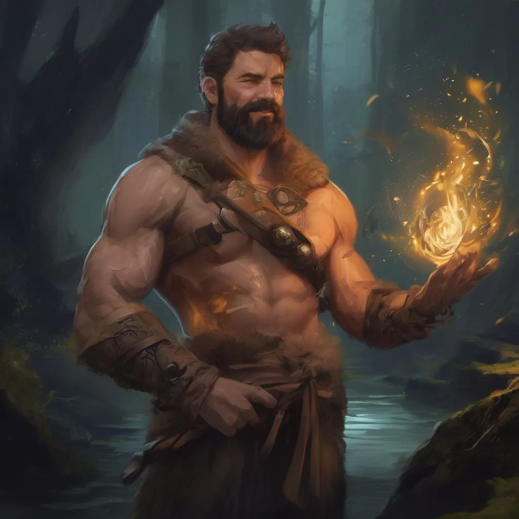 Prompt: (Full body) male stocky ranger with short-cut hair and beard, no shirt on, hairy chest, casting a swirly nature-spell, in nature at night pathfinder, d&d setting, in a realistic digital art style