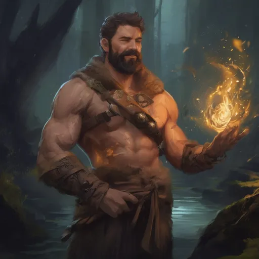 Prompt: (Full body) male stocky ranger with short-cut hair and beard, no shirt on, hairy chest, casting a swirly nature-spell, in nature at night pathfinder, d&d setting, in a realistic digital art style