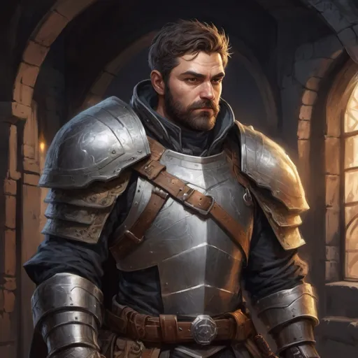 Prompt: Male stocky hairy sneaky rogue in light-armour with short hair and beard, exploring a dark mansion, pathfinder, d&d setting, in a realistic high quality digital art style, enhanced shadow quality, colorful