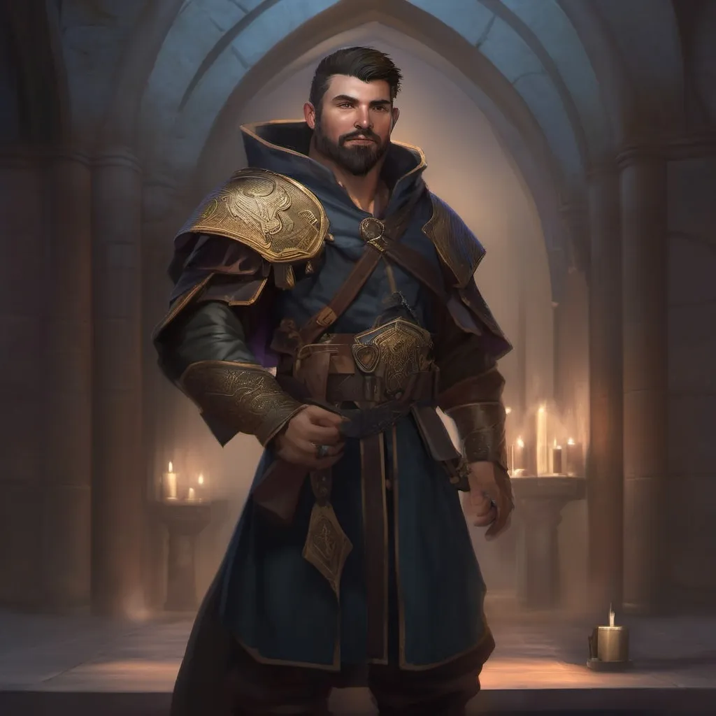 Prompt: (Full body) male stocky alchemist with short-cut hair and beard, in a dark magic temple dungeon, wearing big shoulderguards, pathfinder, d&d setting, in a realistic digital art style