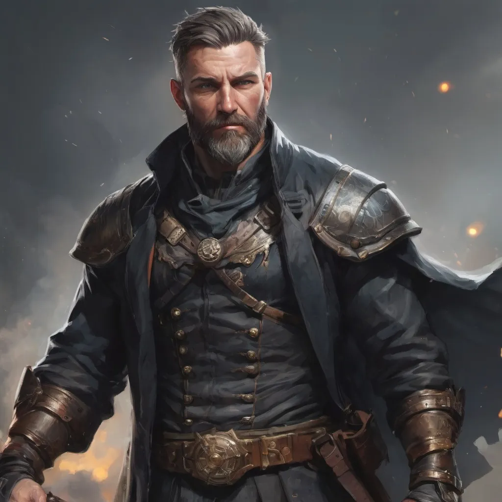 Prompt: (torso) Male heavy-set mature fit magical detective with short-cut hair and beard, holding fantasy-weapon, in movement, in a windy battlefield, pathfinder, d&d setting, enhanced shadow quality