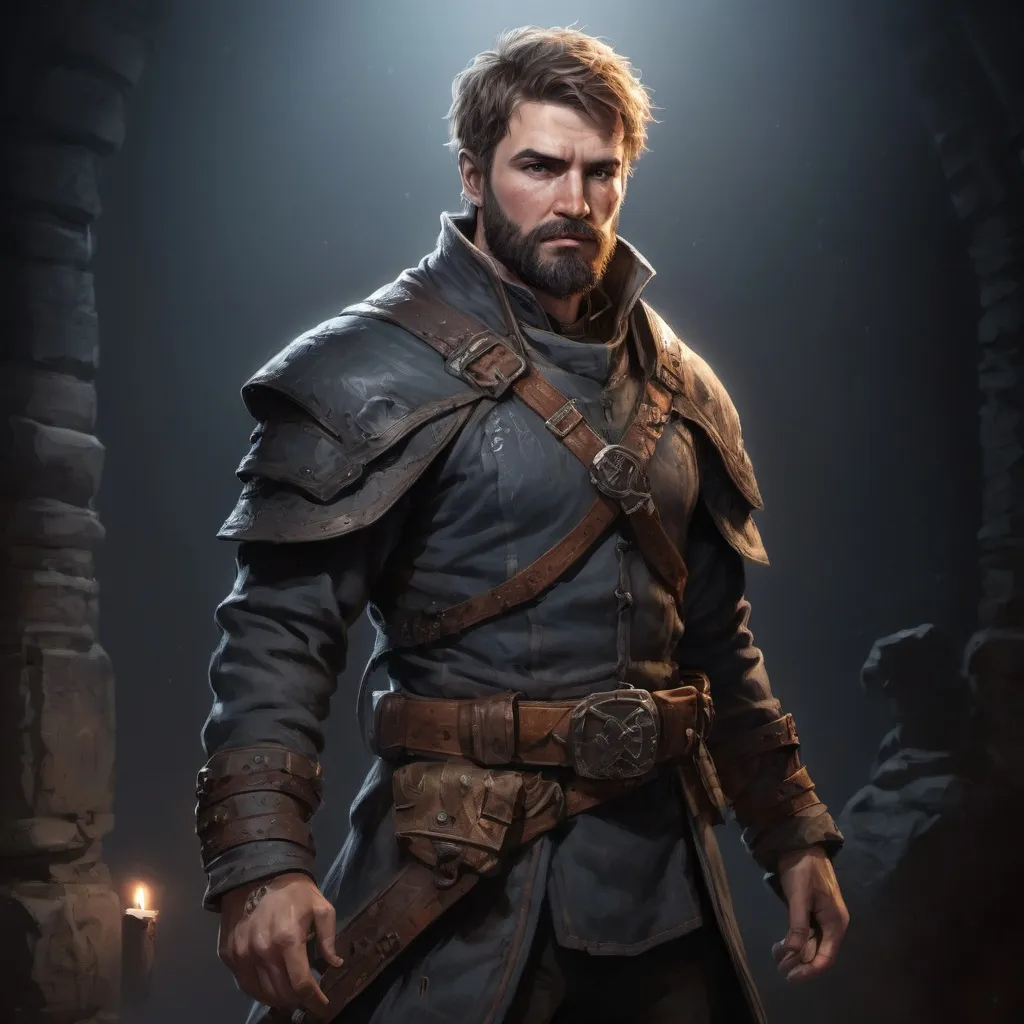 Prompt: Male stocky large dutch fighter with short-cut hair and beard, exploring a dark dungeon, pathfinder, d&d setting, in a realistic high quality digital art style, enhanced shadow quality