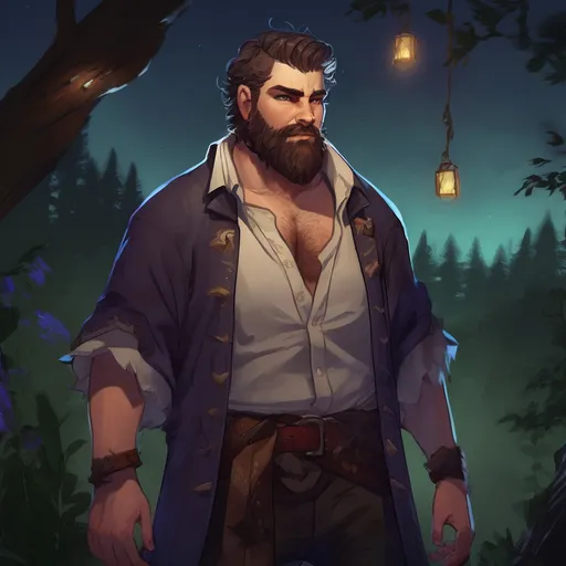 Prompt: (Full body) male stocky big-chested hairy-chested warlock with short hair and beard, open shirt, in nature at night, pathfinder, d&d setting, in a realistic digital art style