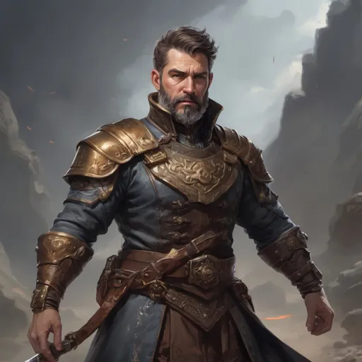 Prompt: Male stocky heavy-set mature illutionist with short-cut hair and beard, on a battlefield, in combat, casting a bronze-spell, pathfinder, d&d setting, enhanced shadow quality, realistic