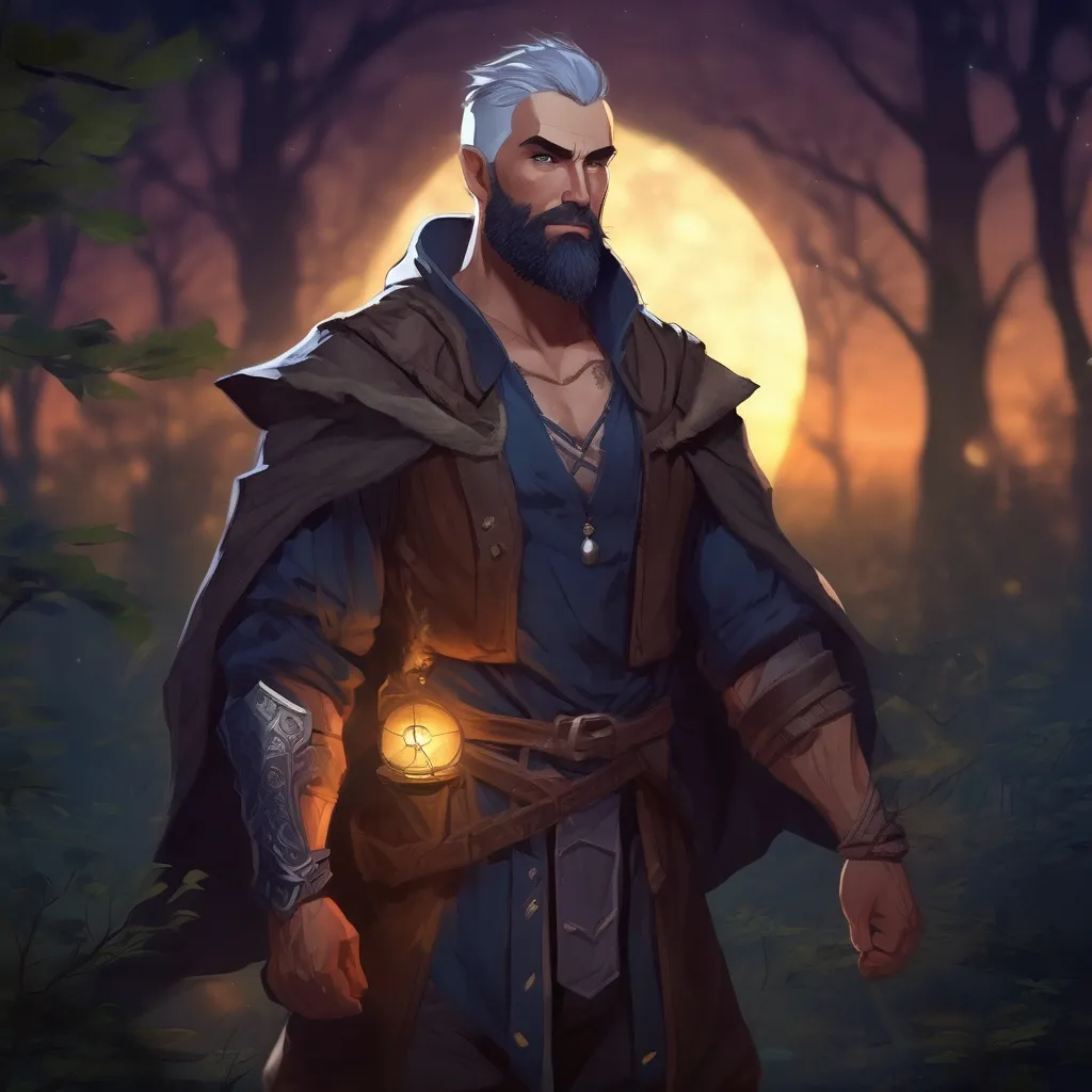 Prompt: (Full body) male muscular magus with short hair and beard, in nature at night, pathfinder, d&d setting, in a realistic digital art style