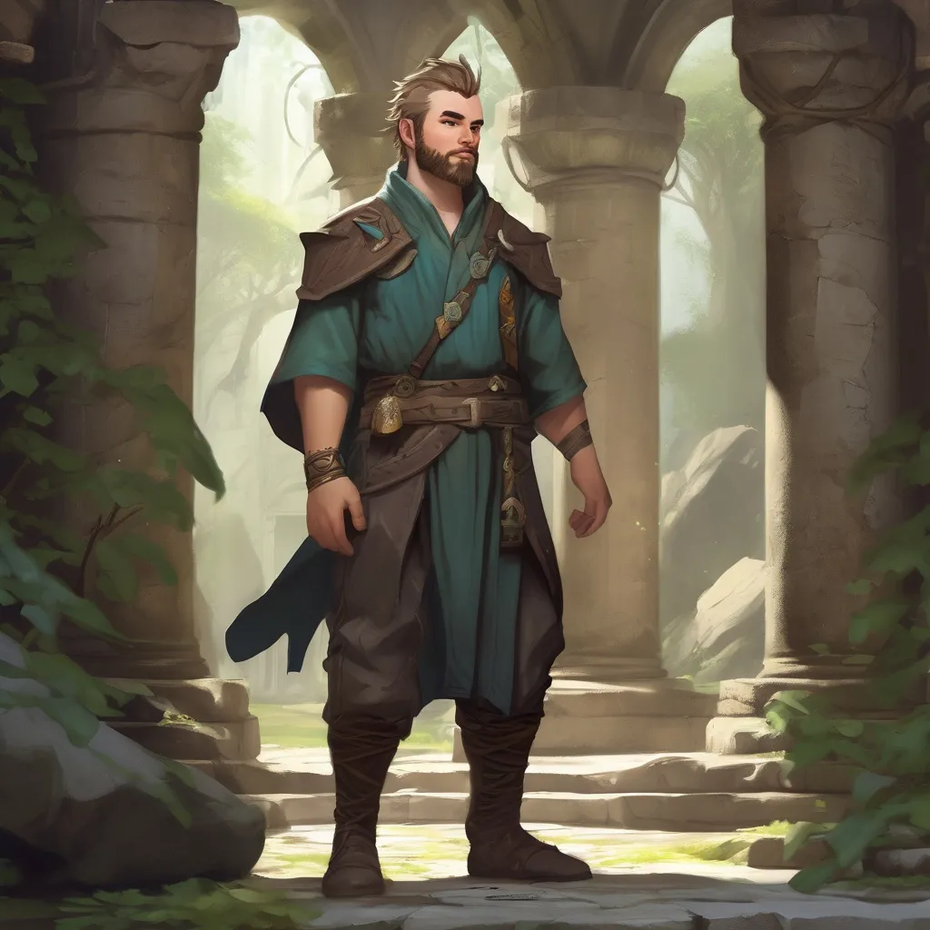 Prompt: (Full body) male stocky nature-mage with short hair and beard, in a temple ruin, pathfinder, d&d setting, in a realistic digital art style