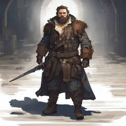 Prompt: (Full body) male stocky big-chested bandit with short hair and beard, in a dark room, pathfinder, d&d setting, in a realistic digital art style