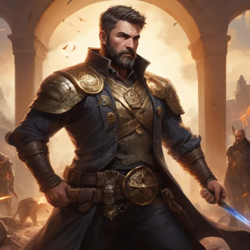 Prompt: Male stocky heavy-set mature illutionist with short-cut hair and beard, on a battlefield, in combat, casting a gold-spell, pathfinder, d&d setting, in a realistic high quality digital art style, enhanced shadow quality