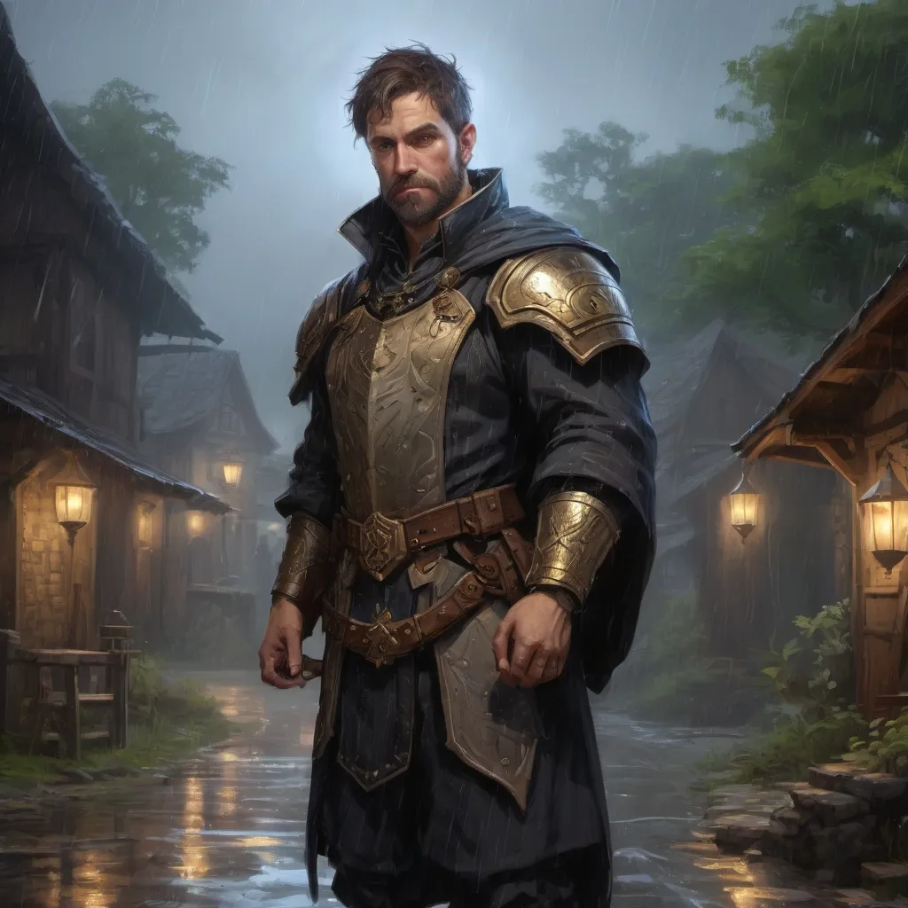 Prompt: Male stocky large mature paladin with short-cut hair and beard, open shirt, outside of a small fantasy village in the rain at night, pathfinder, d&d setting, in a realistic high quality digital art style, enhanced shadow quality, colorful