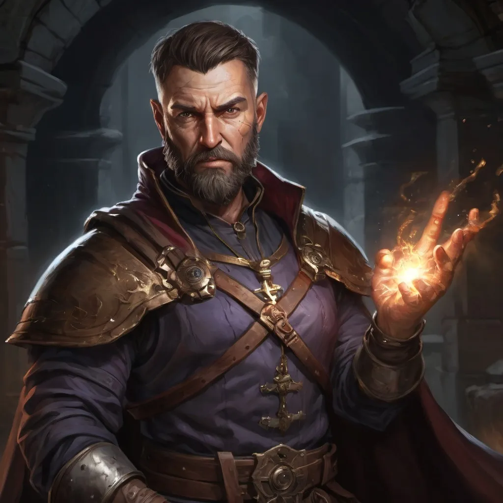 Prompt: (head and torso) Male stocky large mature alchemist with short-cut brown hair and beard, engaged in combat casting a light spell inside of a dark dungeon, pathfinder, d&d setting, in a realistic high quality digital art style, enhanced shadow quality