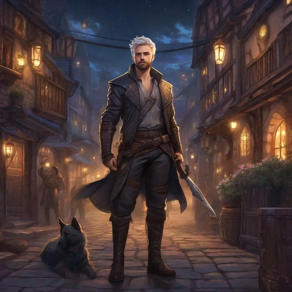 Prompt: (Full body) A male short-haired thief looks like jack lowden with open shirt hairy chest and short beard grey-striped hair, glowing magic, fantasy weapon, leather shirt with details, manly, pathfinder, dungeons and dragons fantasy setting, night time in a town street, in a painted style, realistic