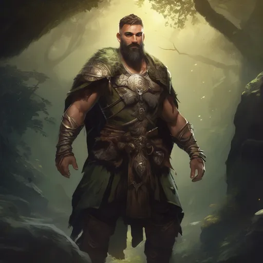 Prompt: (Full body) male handsome large muscular magical archdruid with short hair and beard, outside of a cave by a forest at night, pathfinder, d&d setting, in a realistic high quality digital art style