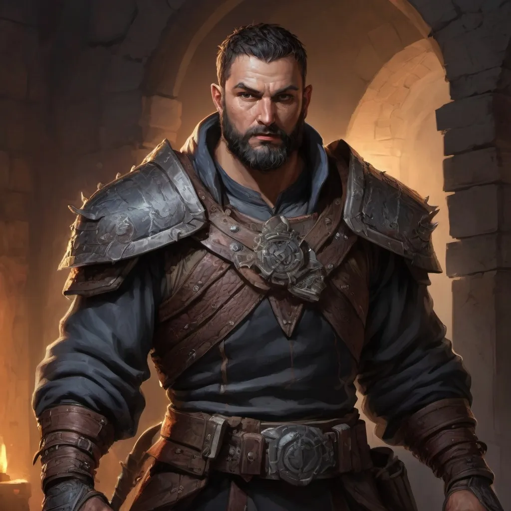 Prompt: Male stocky large mature albanian fighter with short-cut hair and beard, exploring a dark dungeon, pathfinder, d&d setting, in a realistic high quality digital art style, enhanced shadow quality, colorful