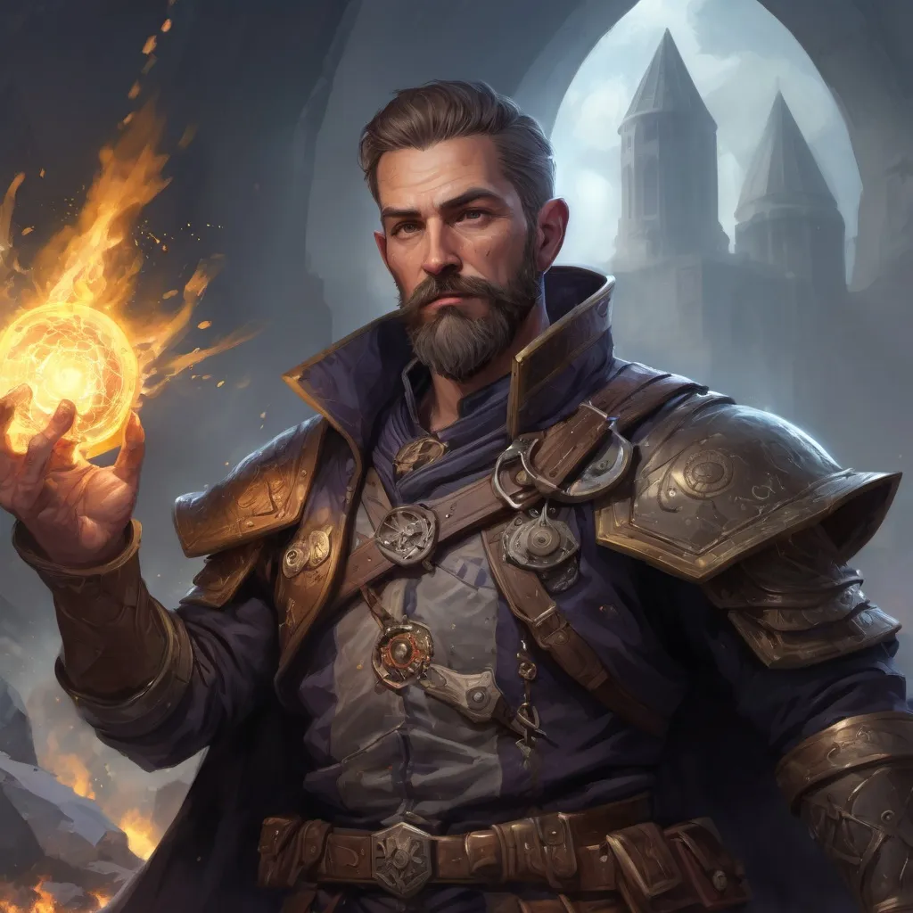 Prompt: Male stocky heavy-set mature arcane-alchemist with short-cut hair and beard, on a battlefield, in combat, holding a astral-bomb, pathfinder, d&d setting, in a realistic high quality digital art style, enhanced shadow quality, colorful