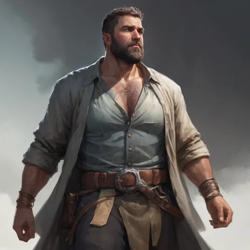 Prompt: (torso) Male stocky large fat beefy 37-year old enchanter with short-cut hair and beard, open shirt hairy chest, in combat casting a magic-ray out of hands in a windy path, pathfinder, d&d setting, in a realistic high quality digital art style, enhanced shadow quality, colorful