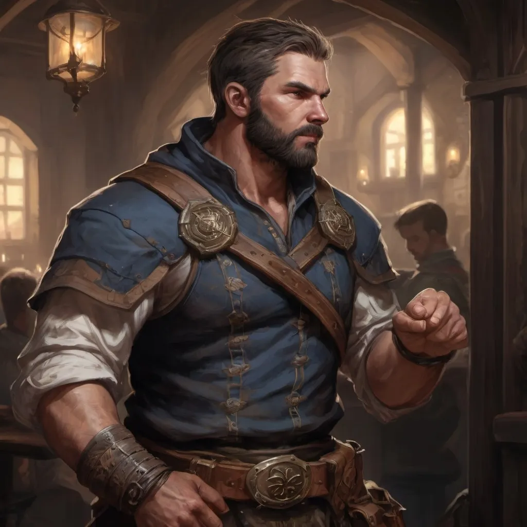 Prompt: Male stocky large muscular royal bard with short-cut hair and beard, exploring a dark tavern room, pathfinder, d&d setting, realistic, enhanced shadow quality