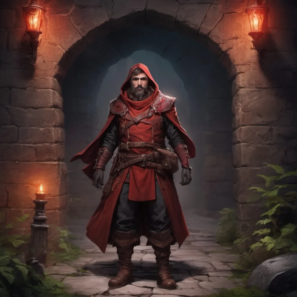 Prompt: (Full body) male stocky heavy-set magical red-mage with short hair and beard, outside of a dungeon entrance in nature at night, pathfinder, d&d setting, in a realistic high quality digital art style, enhanced shadow and light