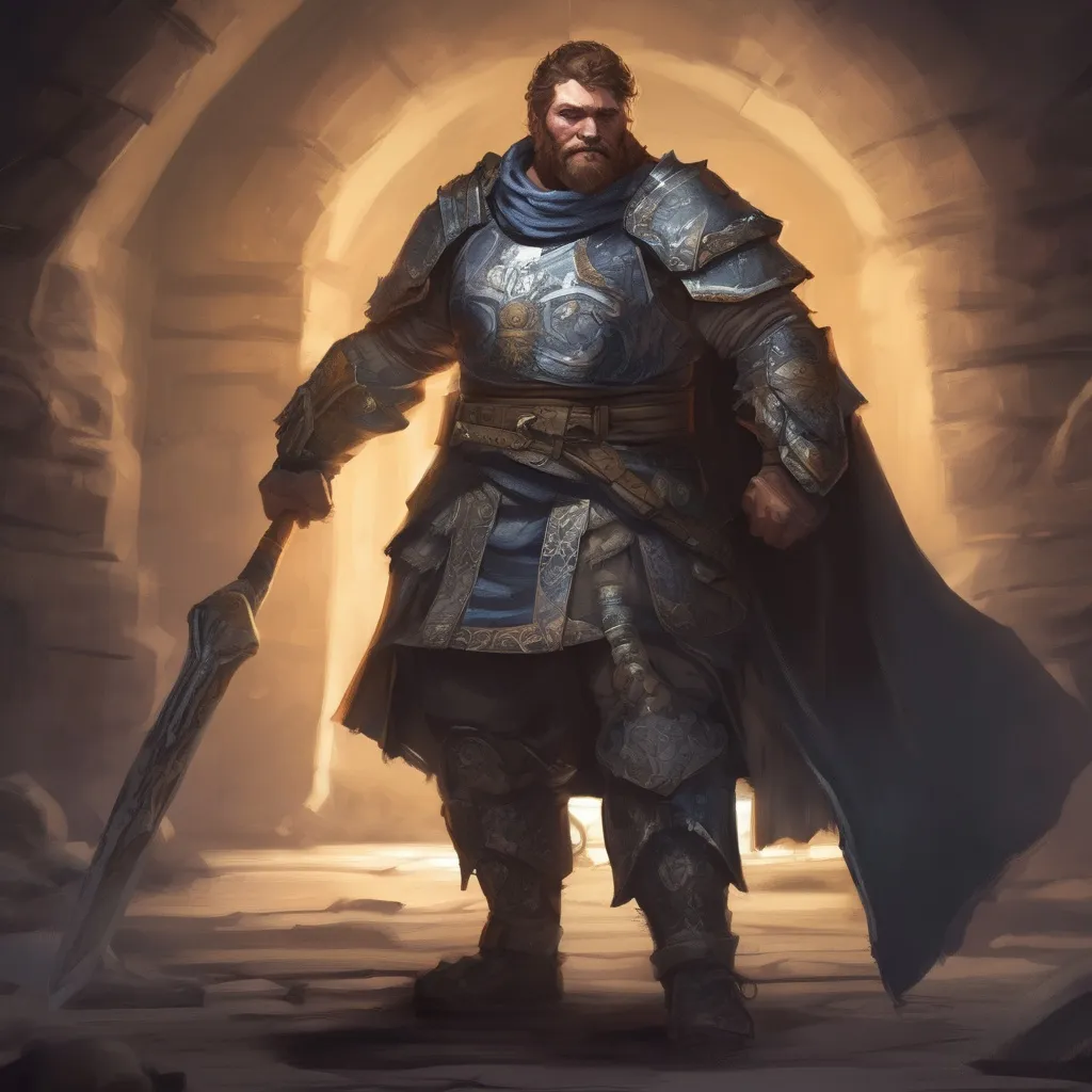 Prompt: (Full body) male stocky large paladin with short hair and beard, big belly, exploring a dark dungeon, pathfinder, d&d setting, in a realistic digital art style